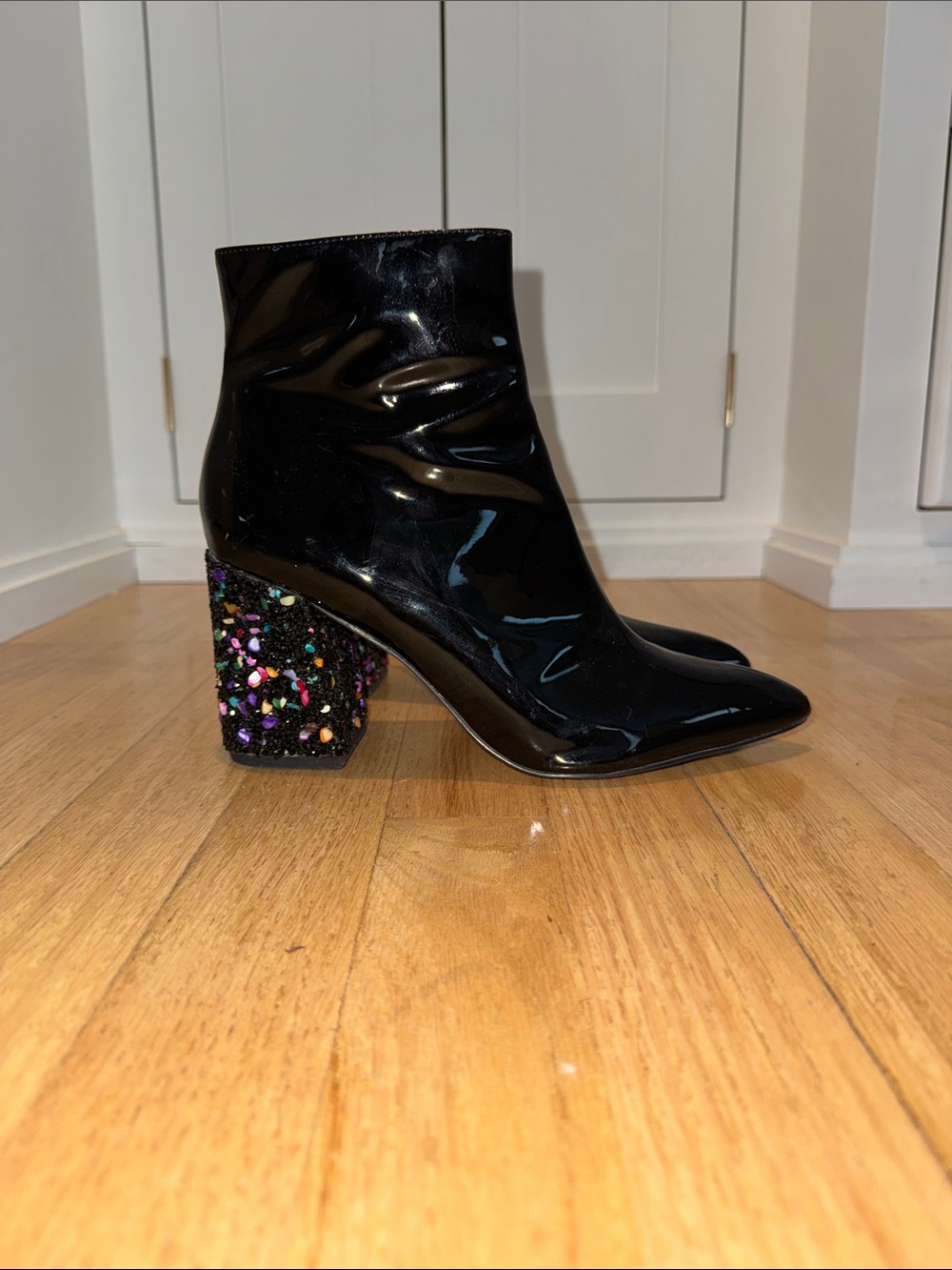 Betsey Johnson Black Patent Ankle Boots with Multicolor Glitter Block Heel